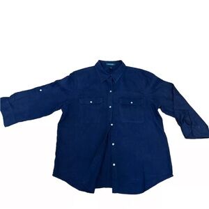 Vintage Ralph Lauren Shirt Women's XL Navy Blue 100% Linen 3/4 Sleeves Western
